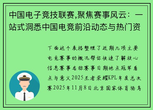 中国电子竞技联赛,聚焦赛事风云：一站式洞悉中国电竞前沿动态与热门资讯